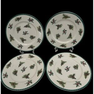 4 Mikasa Ultima + Christmas Wish Dinner Plate 8 1/2" Pinecone Holly Holiday Red